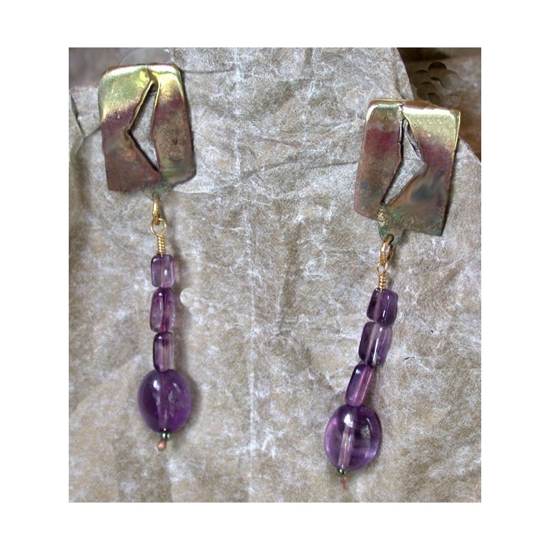 MAE909e Earth Patina Lost Wax Cast Brass Modern Art Earrings - Amethyst 