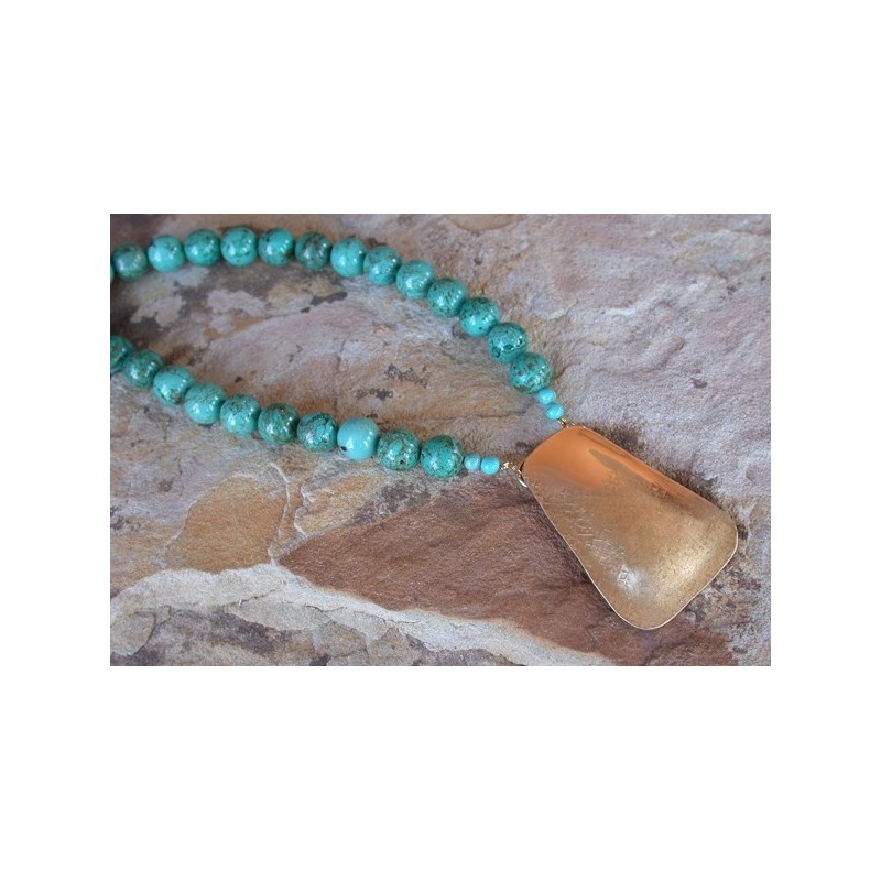 SIT 50n Silk Textured Forged Solid Brass Graduated Contemporary Trapezoid Necklace - Turquoise