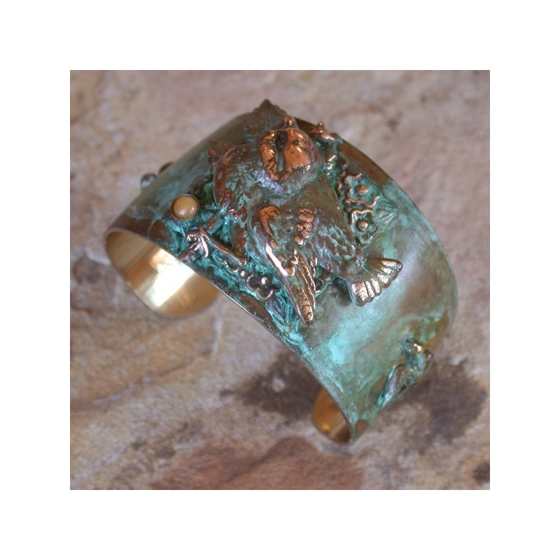 NO1137cf Olive Patina Solid Brass Bluebird Tapered Cuff - Aragonite