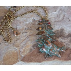 NO296pd  Olive Patina Solid Brass Bluebird on Branch Pendant - Aragonite, Carnelian, Rhodochrosite