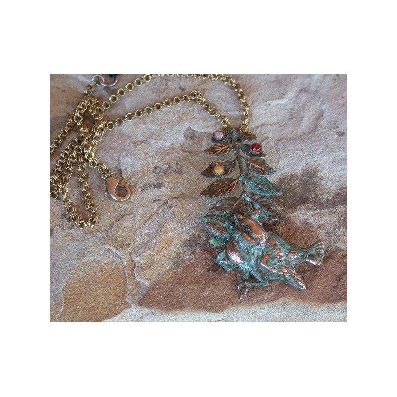 NO296pd  Olive Patina Solid Brass Bluebird on Branch Pendant - Aragonite, Carnelian, Rhodochrosite