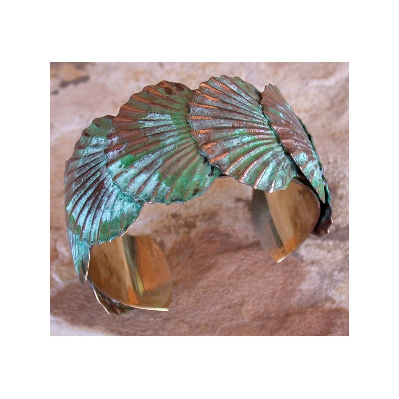 ECP 11bc Verdigris Patina Brass Overlapping Scallop Shells Cuff
