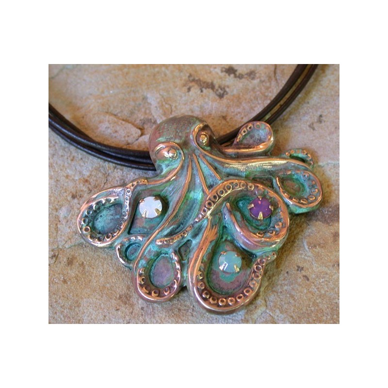 OCP492pd Verdigris Patina Solid Brass Sculptural Octopus Pendant - Opal Trilogy Crystals, Brown Rawhide