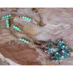 VNP130n Verdigris Patina Brass Art Nouveau Sea Sprite Necklace - Rhodochrosite, Variscite