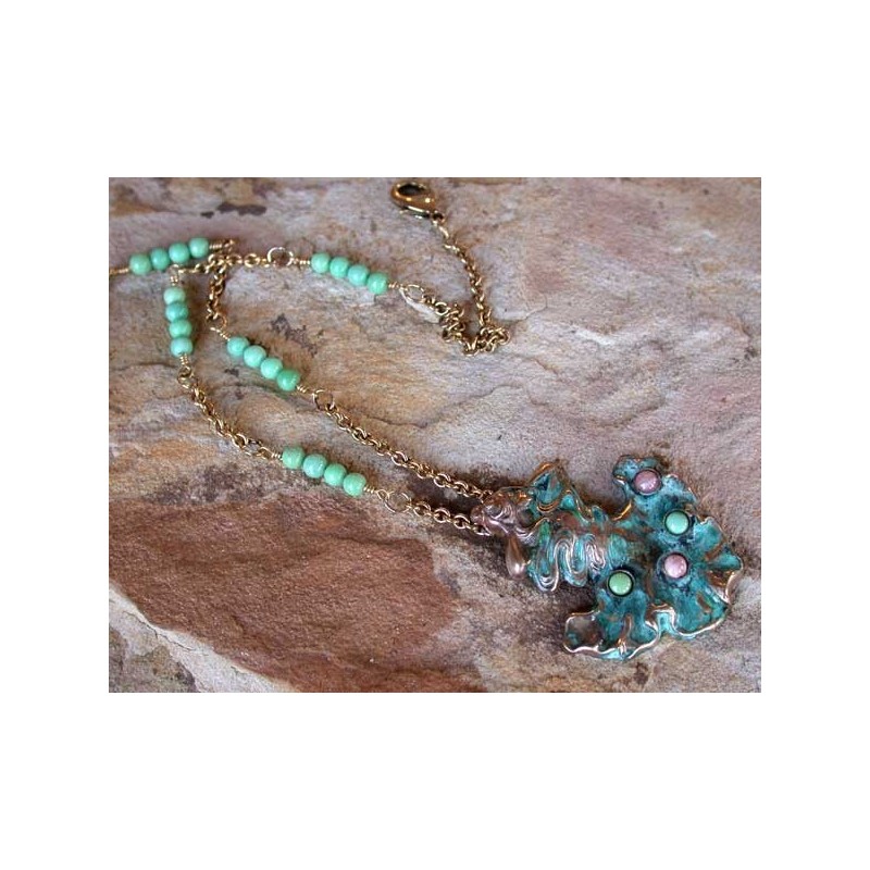 VNP130n Verdigris Patina Brass Art Nouveau Sea Sprite Necklace - Rhodochrosite, Variscite