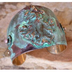 VNP130cf Verdigris Patina Solid Brass Art Nouveau Sea Sprite Dynamic Cuff - Rhodochrosite, Variscite 