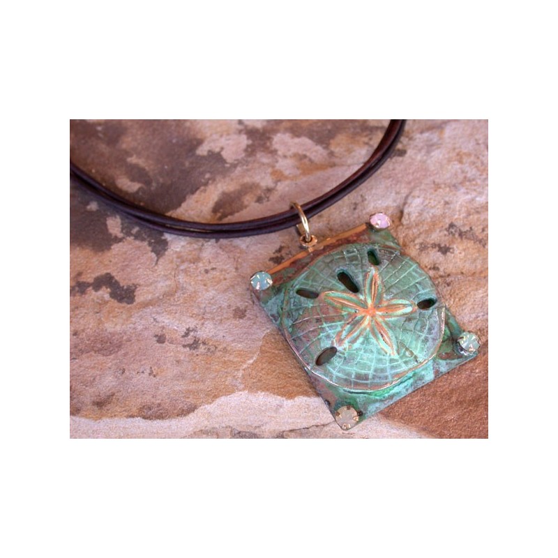 OCP1507pd Verdigris Patina Large Sand Dollar on Square Pendant - Opal Crystals, Espresso Rawhide