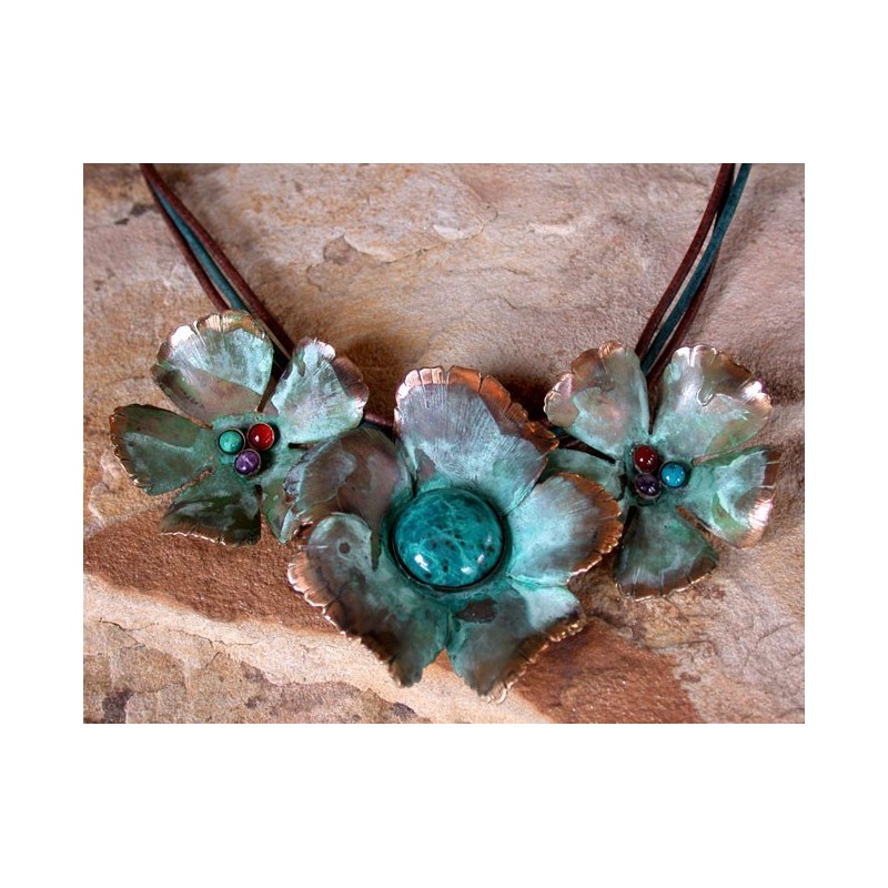 NP8614n Verdigris Patina Brass Sculptural Flowers Graduated Necklace - Chrysocolla