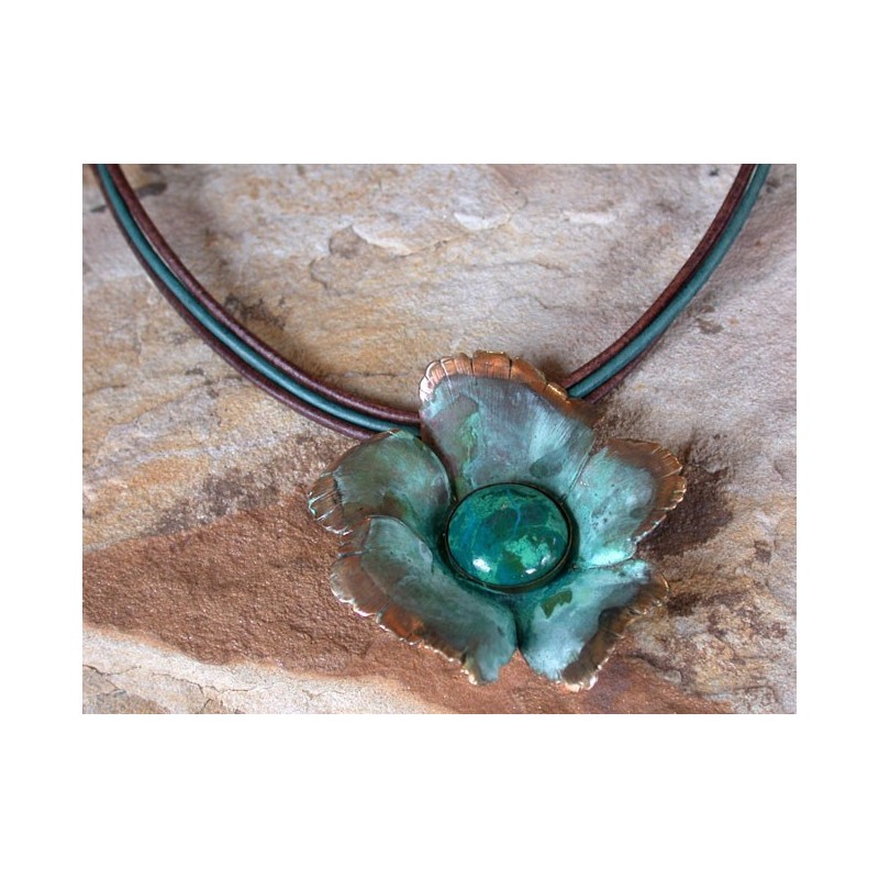 NP8615pd Verdigris Patina Brass Sculptural Flower Pendant - Chrysocolla