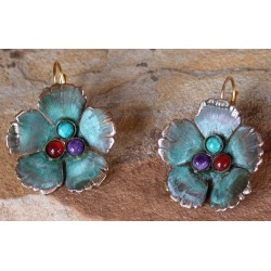 NP86eSP Verdigris Patina Solid Brass Sculptural Flower Earrings - Chrysocolla, Carnelian, Charoite
