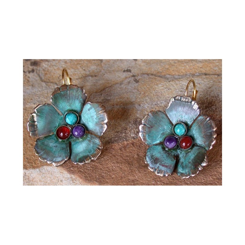 NP86eSP Verdigris Patina Solid Brass Sculptural Flower Earrings - Chrysocolla, Carnelian, Charoite