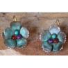 NP86eSP Verdigris Patina Solid Brass Sculptural Flower Earrings - Chrysocolla, Carnelian, Charoite