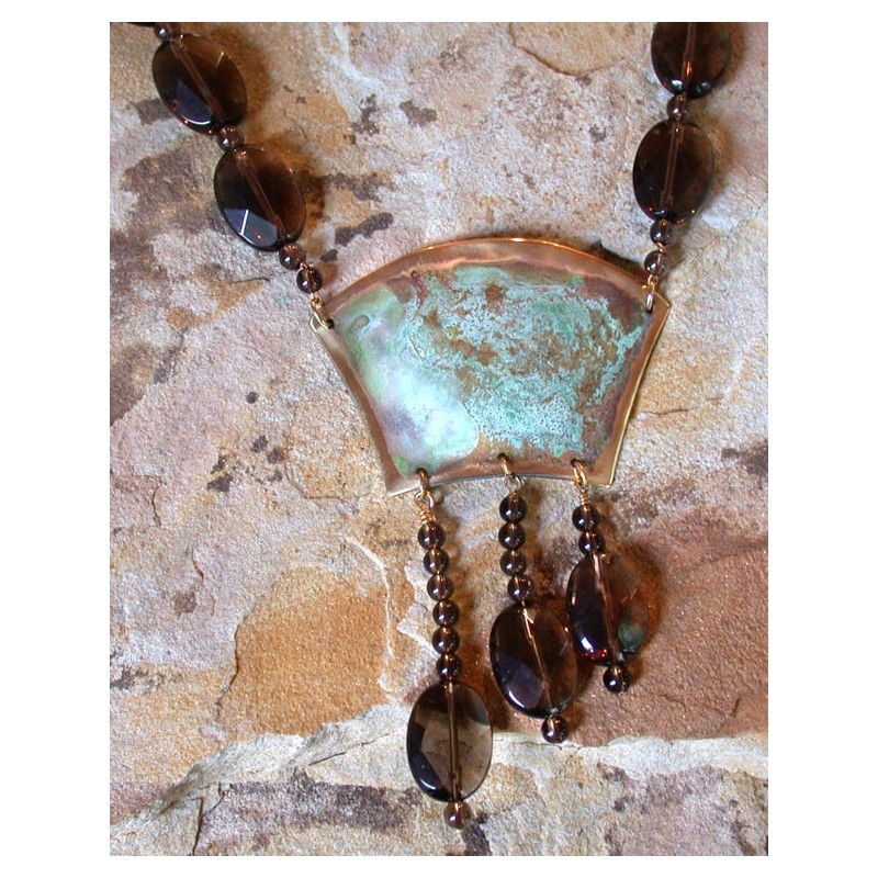ET 220n Etched Patina Brass Hand Forged Artwear Necklace - Faceted Smoked Topaz