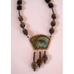 ET 220n Etched Patina Brass Hand Forged Artwear Necklace - Faceted Smoked Topaz