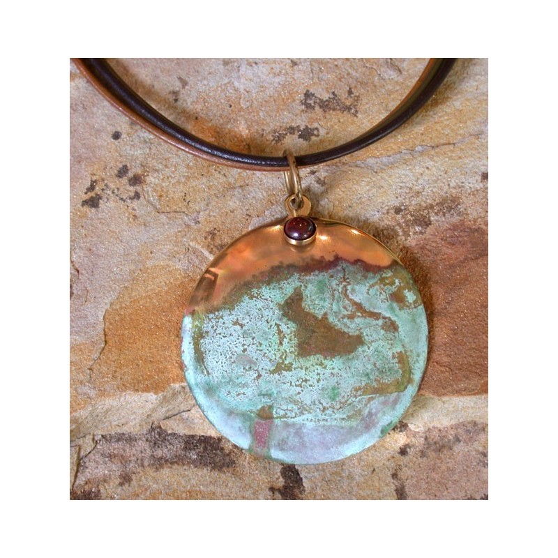 ET 4230pd Etched Patina Classic Large Domed Circle Pendant on Rawhide -  Bracciated Jasper