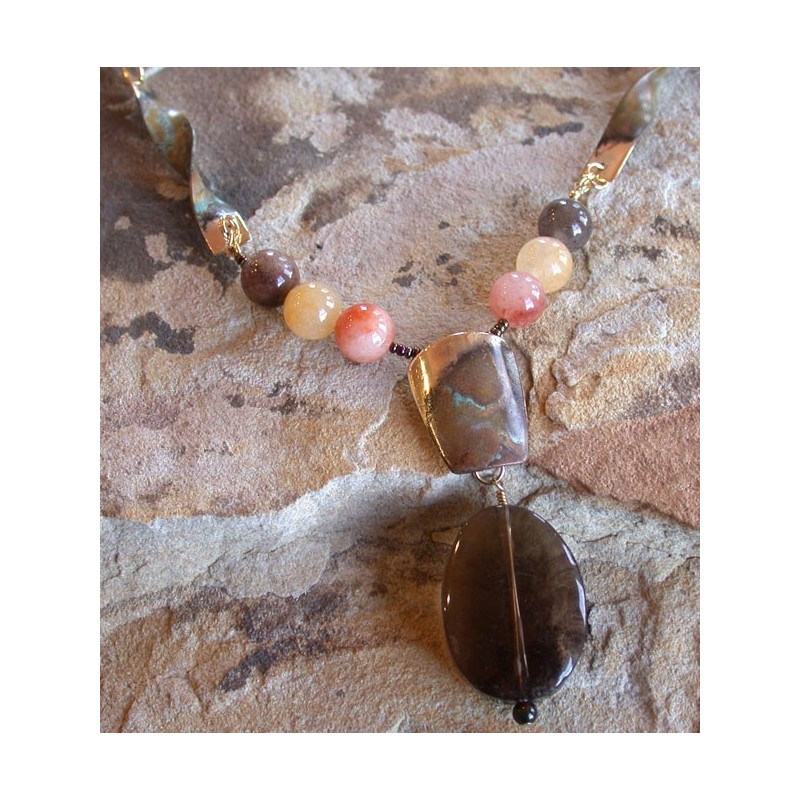 ET 25nRQ Etched Patina Brass Twisted Link Necklace - Taupe Rutilated Quartz, Tourmaline