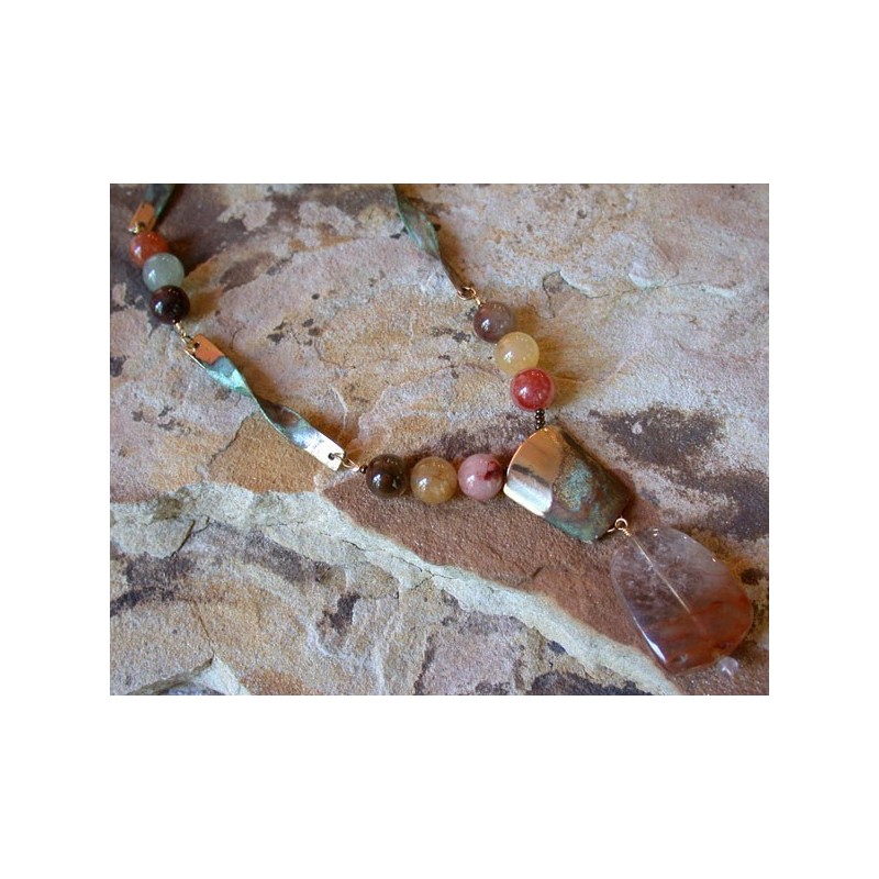 ET 25nRQ Etched Patina Brass Twisted Link Necklace - Rose Rutilated Quartz, Tourmaline