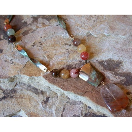 ET 25nRQ Etched Patina Brass Twisted Link Necklace - Rose Rutilated Quartz, Tourmaline