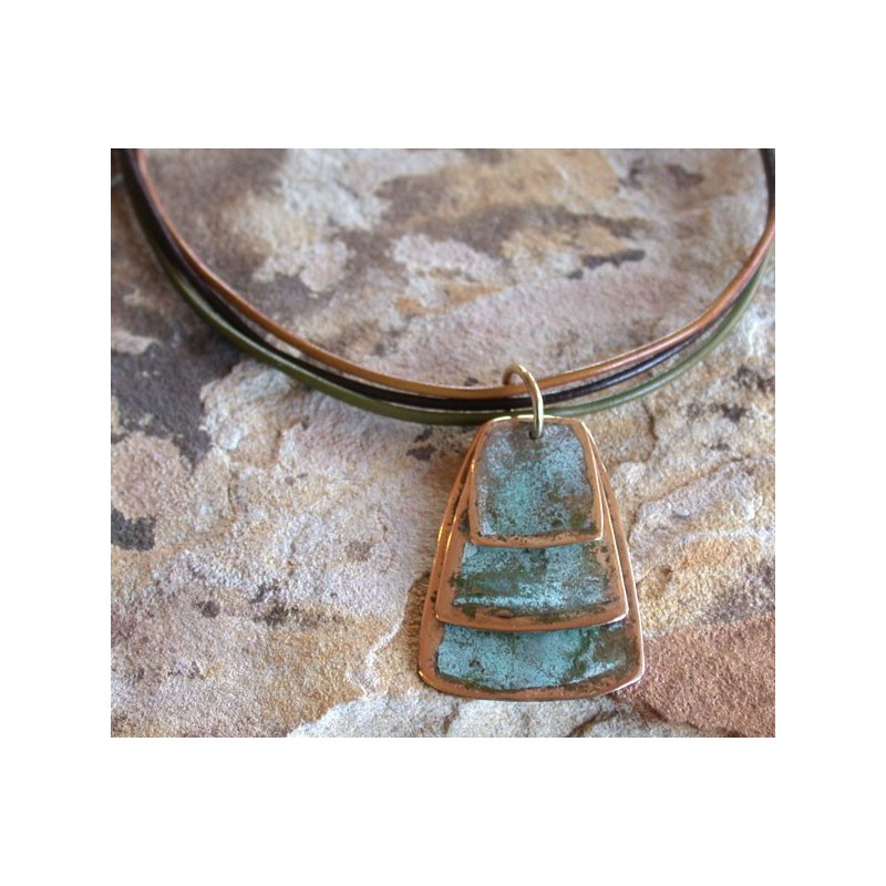 ET 992pd Etched Patina Solid Brass Overlapping Abstract Pendant on Tri-color Rawhide