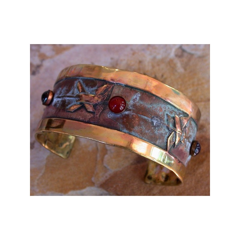 SMP821cf  Lost Wax Cast Solid Brass Symbols Collection Cuff - Amethyst, Carnelian, Garnet 