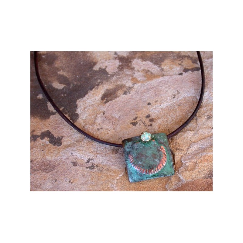 OCP119pd Verdigris Patina Solid Brass Small Scallop Shell on Square Pendant - Pale Green Opal Swarovski Crystal