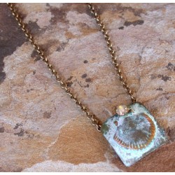 OCW19pd White Distressed Patina Solid Brass Small Scallop Shell on Square Pendant - Sand Opal Swarovski Crystal 