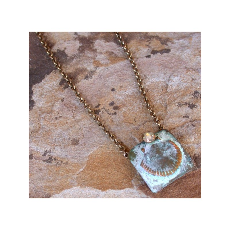 OCW19pd White Distressed Patina Solid Brass Small Scallop Shell on Square Pendant - Sand Opal Swarovski Crystal 