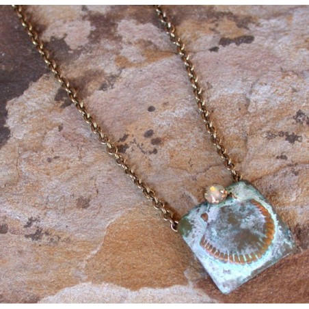 OCW19pd White Distressed Patina Solid Brass Small Scallop Shell on Square Pendant - Sand Opal Swarovski Crystal 