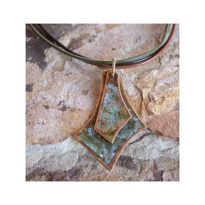 ET 109pd Etched Patina Solid Brass Overlapping Abstract Asymmetrical Pendant on Tri-color Rawhide