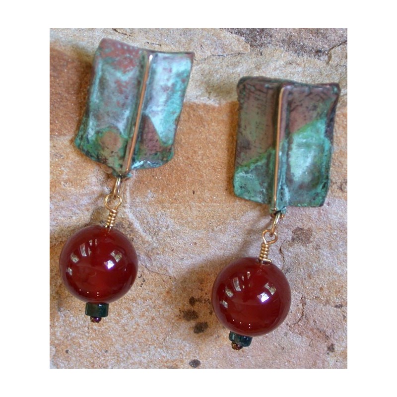 TEP89e Lost Wax Cast Brass Terrain Earrings - Carnelian 