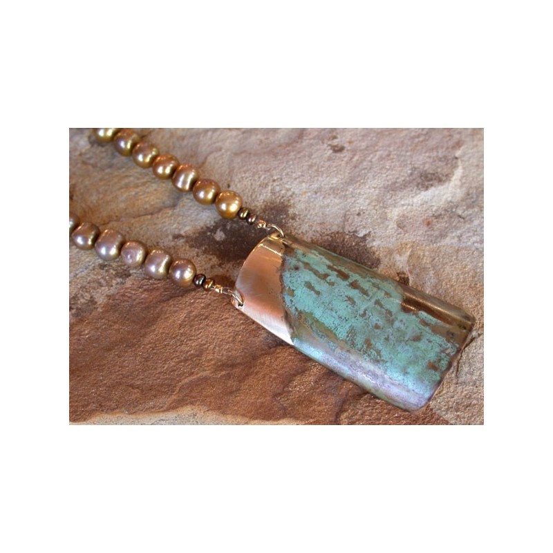 ET 691nPE Etched Patina Forged Solid Brass Elongated Barrel Necklace - Gold/Bronze Pearls