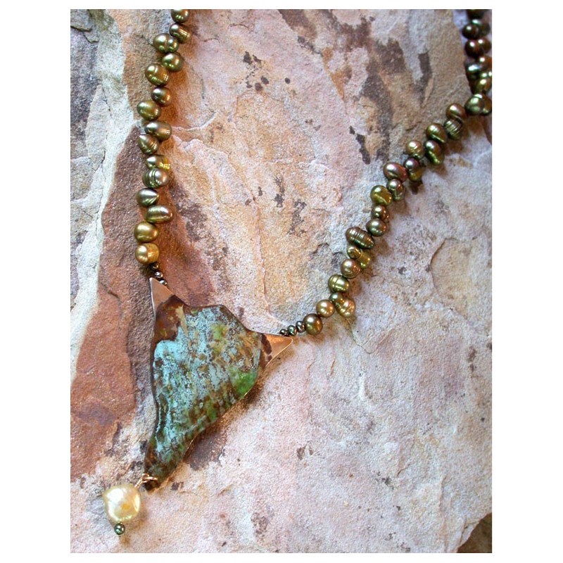 ET 111n Etched Patina Forged Solid Brass Artwear Necklace - Olive Pearls