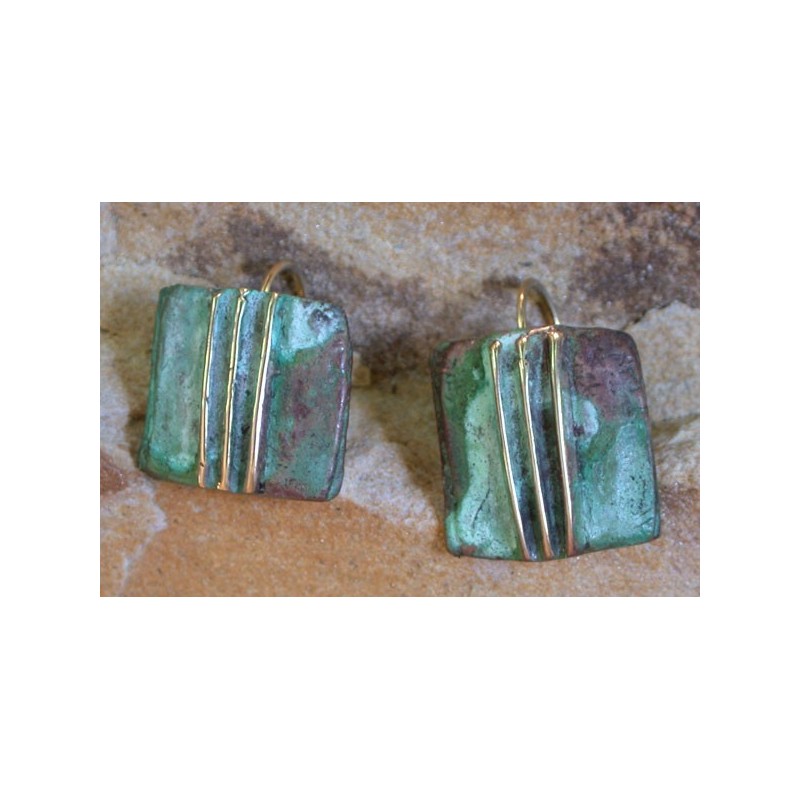 TEP87e Verdigris Patina Cast Brass Terrain Triple Ridge Earrings