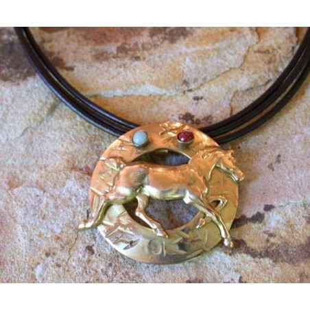 EQG3287pd Textured Washed Gold Brass Running Horse Pendant on Triple Brown Rawhide - Light Amazonite, Jasper