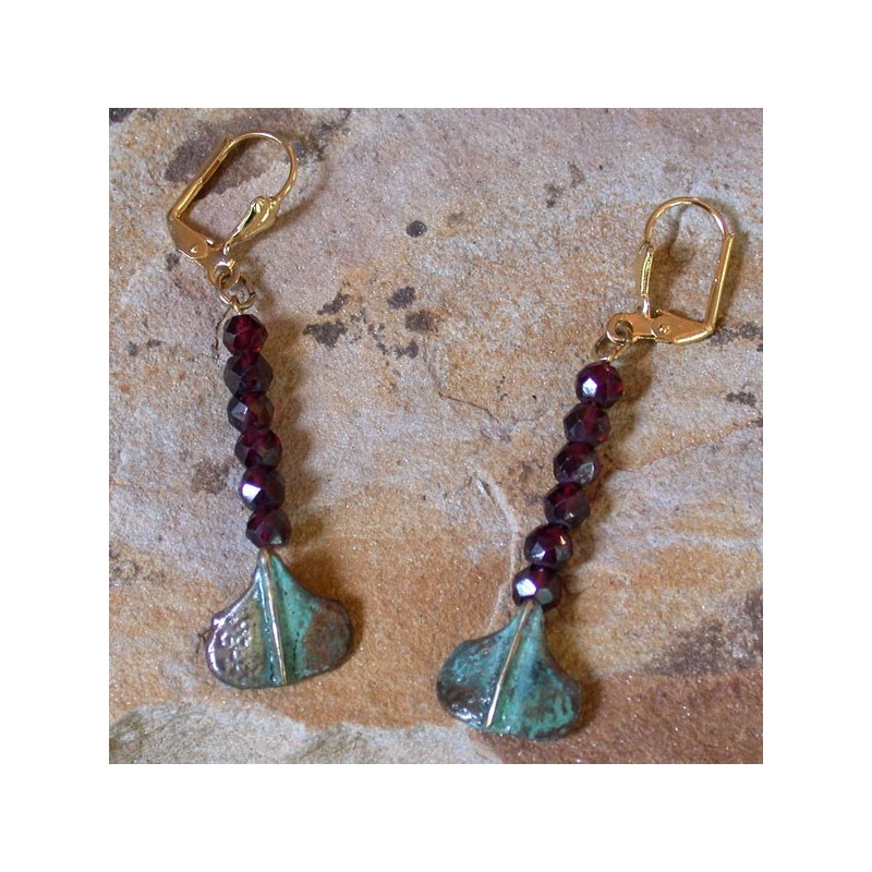 AP46e Ancestors Collection Patina Cast Brass Stylized Ginkgo Leaf Dangle Earrings - Faceted Garnet