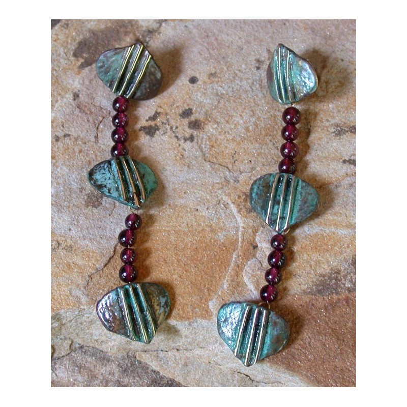 AP48e Ancestors Collection Stylized Ginkgo Leaves Triple Tier Dangle Earrings - Garnet