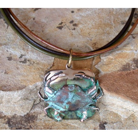 ECP8pd Verdigris Patina Solid Brass Etched Crab Pendant on Tri-color Rawhide 