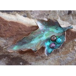 NP409pSP Verdigris Patina Brass Oak Leaf Pin - Chariote, Chrysocolla, Jasper 