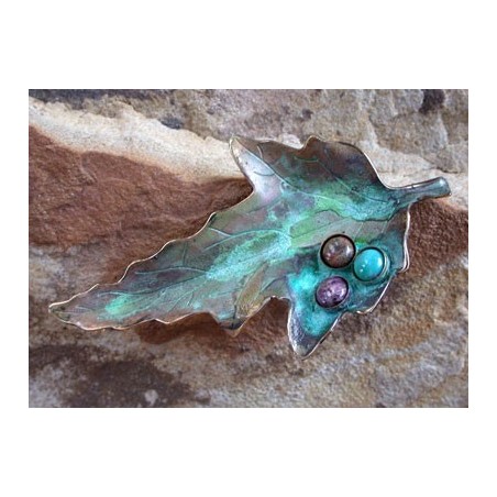 NP409pSP Verdigris Patina Brass Oak Leaf Pin - Chariote, Chrysocolla, Jasper 