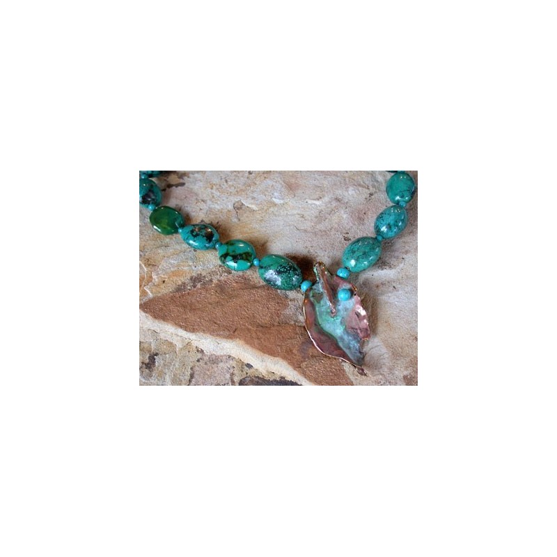 RSP41pdCT  Lost Wax Cast Brass Rose Leaf Necklace - Chinese Turquoise 