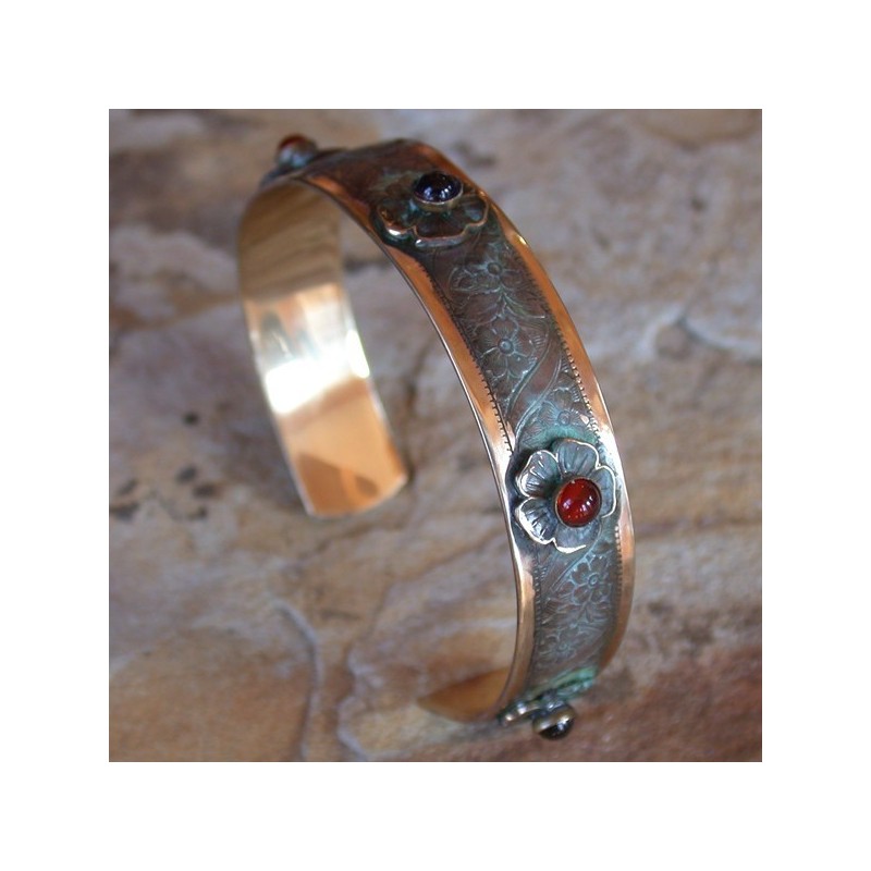 NAP6299bc Verdigris Patina Solid Brass Delicate Flowers Narraow Cuff - Amethyst, Carnelian, Garnet