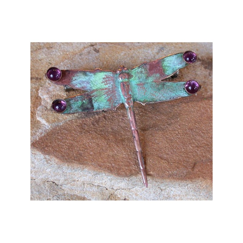 NAP7355p Verdigris Patina Solid Brass Dragonfly Pin - Amethyst