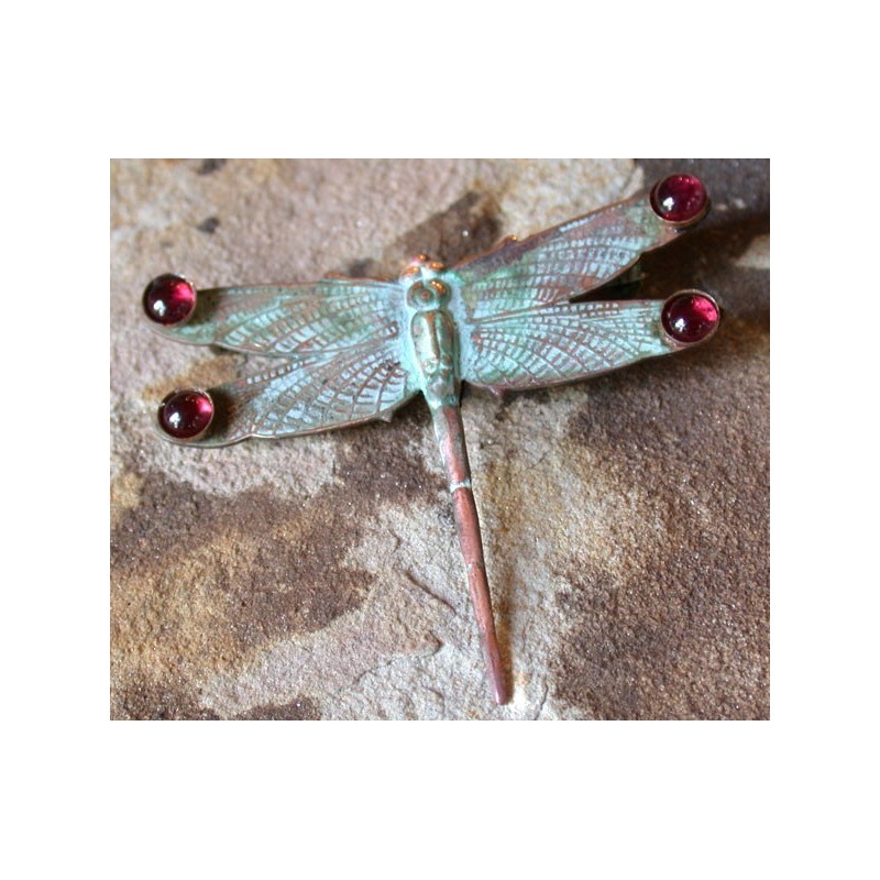 NAP7355p Verdigris Patina Solid Brass Dragonfly Pin - Garnet