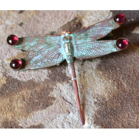NAP7355p Verdigris Patina Solid Brass Dragonfly Pin - Garnet