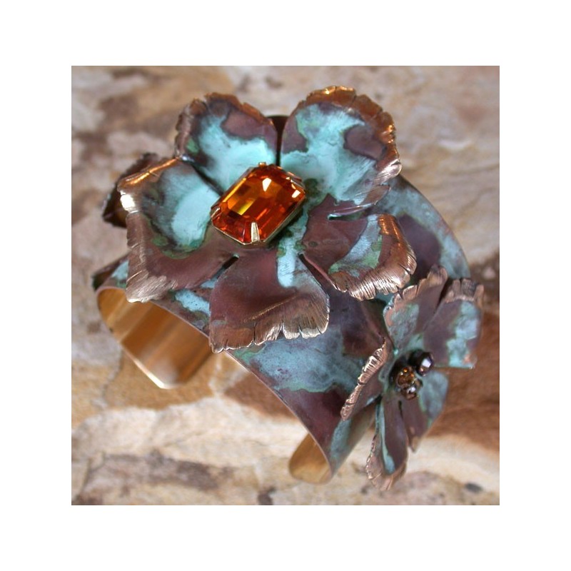 NP8614cf Verdigris Patina  Sculptural Flowers Cuff - Topaz Swarovski Crystals