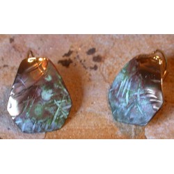 TTP 606e Verdigris Patina Brass Textured Tealeaf Modern Hexagon Earrings