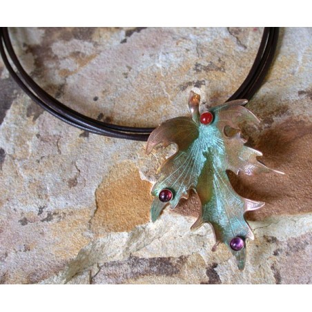 NO8520pd Olive Patina Brass Sculptural Leaf Pendant - Amethyst, Carnelian, Garnet