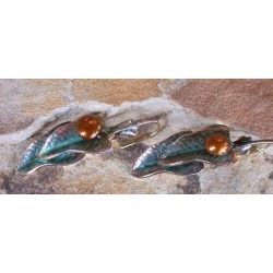 LP3463e Verdigris Patina Brass Double Philodendron Leaf Earrings - Bronze Pearls