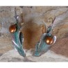 LP3463e Verdigris Patina Brass Double Philodendron Leaf Earrings - Bronze Pearls
