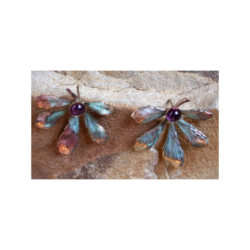 NP912e Verdigris Patina Solid Brass Chestnut Leaf Earrings - Amethyst 